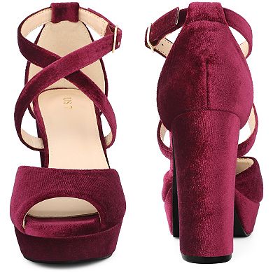 Peep Toe Pumps Velvet Crisscross Strap Block Heel Platform Sandals for Women