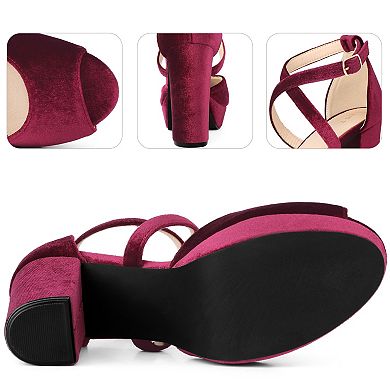 Peep Toe Pumps Velvet Crisscross Strap Block Heel Platform Sandals for Women