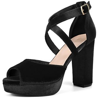 Peep Toe Pumps Velvet Crisscross Strap Block Heel Platform Sandals for Women
