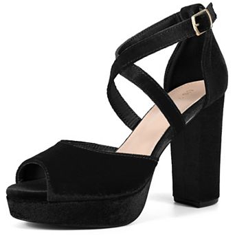 Peep Toe Pumps Velvet Crisscross Strap Block Heel Platform Sandals for Women