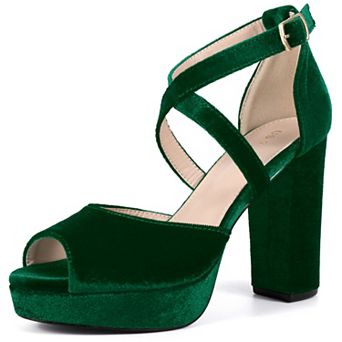 Peep Toe Pumps Velvet Crisscross Strap Block Heel Platform Sandals for Women