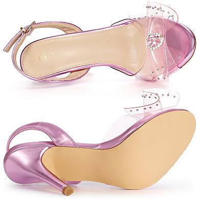Women's Cute Bow Rhinestone Crystal Embellished Peep Toe Slingback Stiletto Heels Sandals