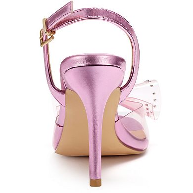 Women's Cute Bow Rhinestone Crystal Embellished Peep Toe Slingback Stiletto Heels Sandals
