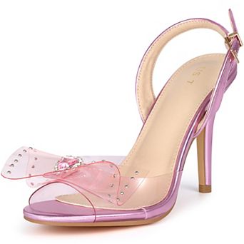 Women's Cute Bow Rhinestone Crystal Embellished Peep Toe Slingback Stiletto Heels Sandals