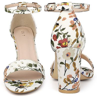 Floral Printed Open Toe Ankle Strap Chunky Heel Sandals for Women