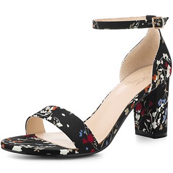 Floral Printed Open Toe Ankle Strap Chunky Heel Sandals for Women