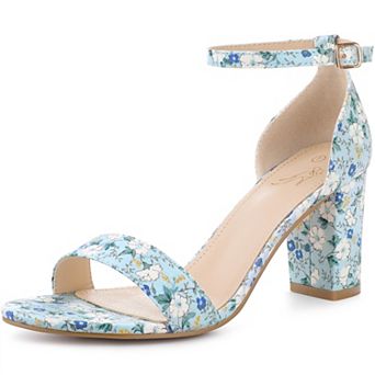 Floral Printed Open Toe Ankle Strap Chunky Heel Sandals for Women