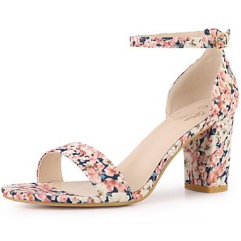 Floral Printed Open Toe Ankle Strap Chunky Heel Sandals for Women