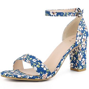 Floral Printed Open Toe Ankle Strap Chunky Heel Sandals for Women