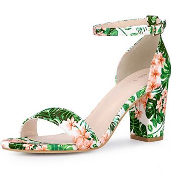 Floral Printed Open Toe Ankle Strap Chunky Heel Sandals for Women