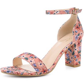 Floral Printed Open Toe Ankle Strap Chunky Heel Sandals for Women