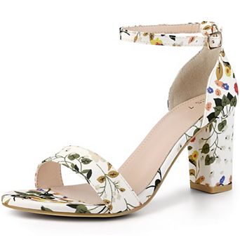 Floral Printed Open Toe Ankle Strap Chunky Heel Sandals for Women