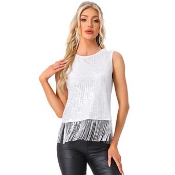 Party Crop Tops for Women's Sequin Fringe Trim Sleeveless Round Neck Tees