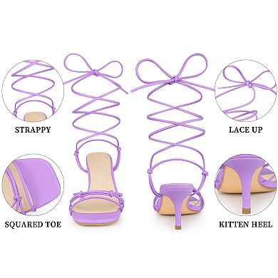 Strappy Kitten Heel Lace Up Square Toe Strappy Heels Sandals for Women