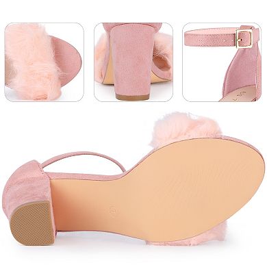 Fluffy Feather Ankle Strap Chunky Heel Faux Fur Heels Sandal for Women