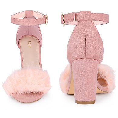 Fluffy Feather Ankle Strap Chunky Heel Faux Fur Heels Sandal for Women
