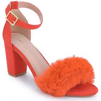 Fluffy Feather Ankle Strap Chunky Heel Faux Fur Heels Sandal for Women