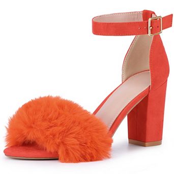 Fluffy Feather Ankle Strap Chunky Heel Faux Fur Heels Sandal for Women
