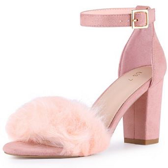Fluffy Feather Ankle Strap Chunky Heel Faux Fur Heels Sandal for Women