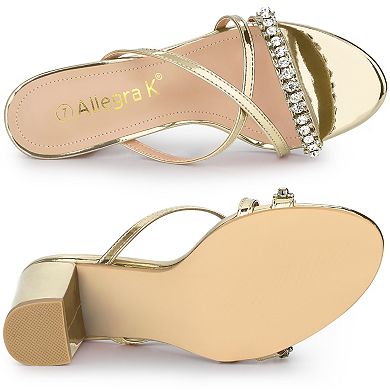 Women's Cross Strap Rhinestone Block Heel Slide Sandals