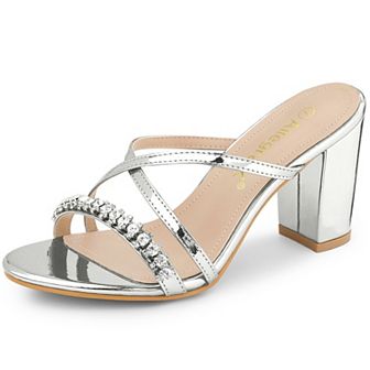 Women's Cross Strap Rhinestone Block Heel Slide Sandals