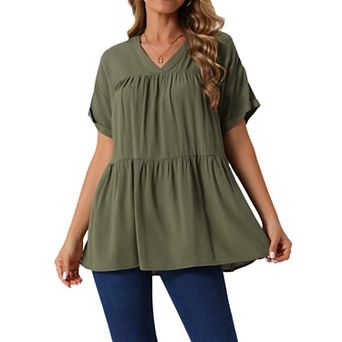 Women's Summer Babydoll Tops Casual V Neck Loose t Shirt Short Sleeve Peplum Blouse Tunics