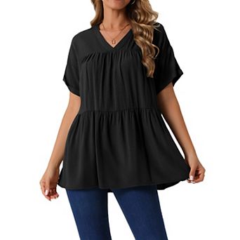 Women's Summer Babydoll Tops Casual V Neck Loose t Shirt Short Sleeve Peplum Blouse Tunics