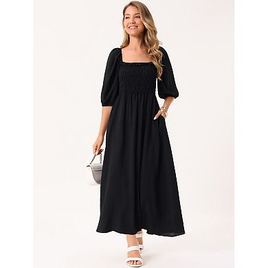 Women's Summer Dresses Casual Puffy Half Sleeve Square Neck Smocked Flowy Maxi Dress with Pockets