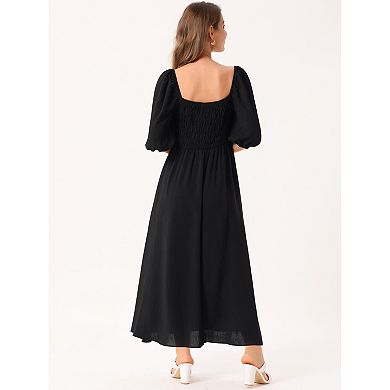 Women's Summer Dresses Casual Puffy Half Sleeve Square Neck Smocked Flowy Maxi Dress with Pockets
