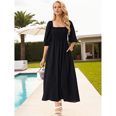 Women's Summer Dresses Casual Puffy Half Sleeve Square Neck Smocked Flowy Maxi Dress with Pockets