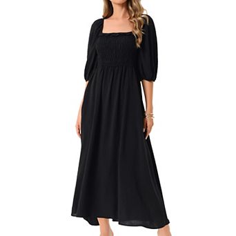 Women's Summer Dresses Casual Puffy Half Sleeve Square Neck Smocked Flowy Maxi Dress with Pockets