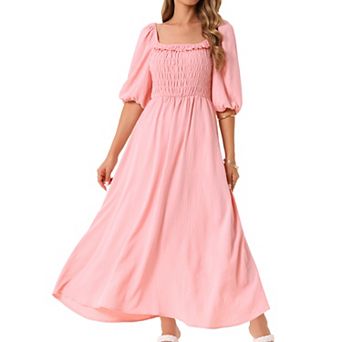 Women's Summer Dresses Casual Puffy Half Sleeve Square Neck Smocked Flowy Maxi Dress with Pockets
