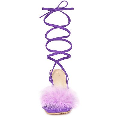 Women's Faux Fur Slingback Block Heels Lace Up Sandals