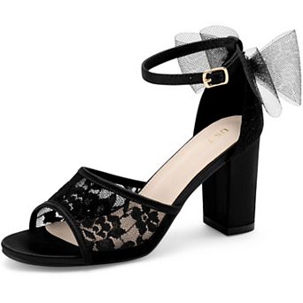 Lace Open Toe Bow Ankle Strap Block Heel Sandals for Women