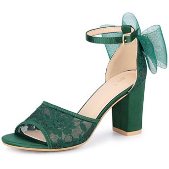 Lace Open Toe Bow Ankle Strap Block Heel Sandals for Women
