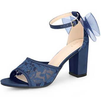 Lace Open Toe Bow Ankle Strap Block Heel Sandals for Women
