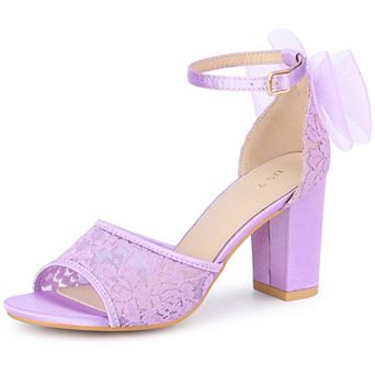 Lace Open Toe Bow Ankle Strap Block Heel Sandals for Women