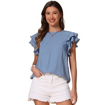 Ruffle Short Sleeve Blouse for Women's Round Neck Solid Casual Top