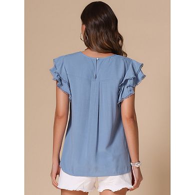 Ruffle Short Sleeve Blouse for Women's Round Neck Solid Casual Top