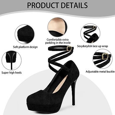 Platform Cross Strap Stiletto Heels Pumps Round Toe Mary Janes for Women