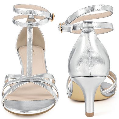 Open Toe Strappy Metallic Kitten Heel Sandals for Women