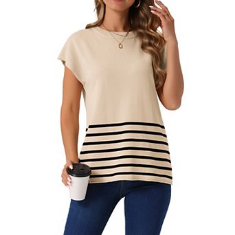 Women's Sleeveless Round Neck Striped Sweater Vest Casual Cap Sleeve Ribbed Knit Pullover Tank Tops