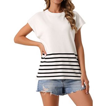 Women's Sleeveless Round Neck Striped Sweater Vest Casual Cap Sleeve Ribbed Knit Pullover Tank Tops