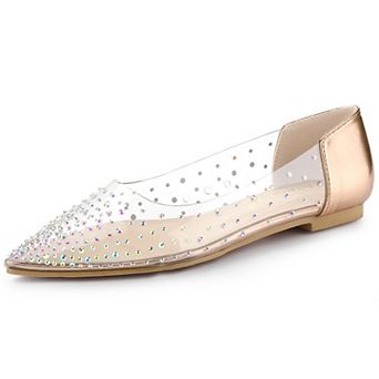 Women's Pointed Toe Clear Rhinestone Ballet Flats