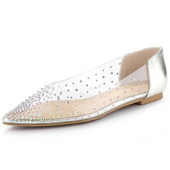Women's Pointed Toe Clear Rhinestone Ballet Flats