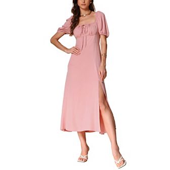 Puffy Sleeve Maxi Dress for Women's Square Tie Neck Split Smocked Boho Split Long Dress