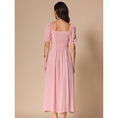 Puffy Sleeve Maxi Dress for Women's Square Tie Neck Split Smocked Boho Split Long Dress