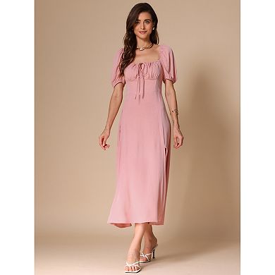 Puffy Sleeve Maxi Dress for Women's Square Tie Neck Split Smocked Boho Split Long Dress