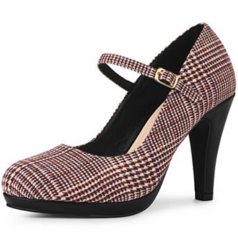 Women's Houndstooth Platform Stiletto Heels Mary Janes Pumps