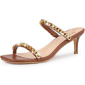 Snakeskin Print Slide Mules Square Toe Gold Chain Stiletto Heels Strappy Sandals for Women